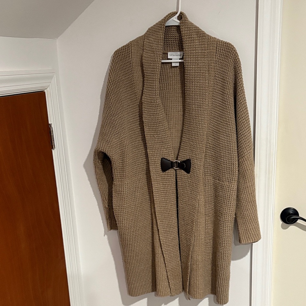 Soft Surroundings Waffle Knit Long Tan Cardigan with Toggle Closure